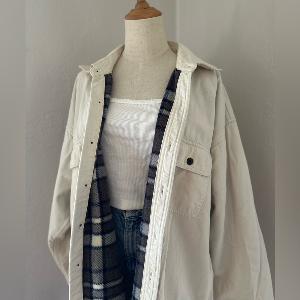 Vintage American Blue White Denim Plaid Fleece Lined Shacket